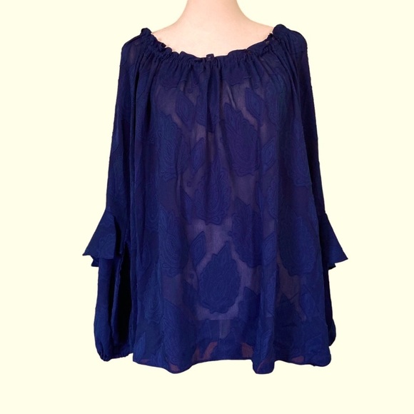 MICHAEL Michael Kors Navy Blue Leaf Jacquard Off-The-Shoulder Blouse (Size L) - Picture 6 of 16